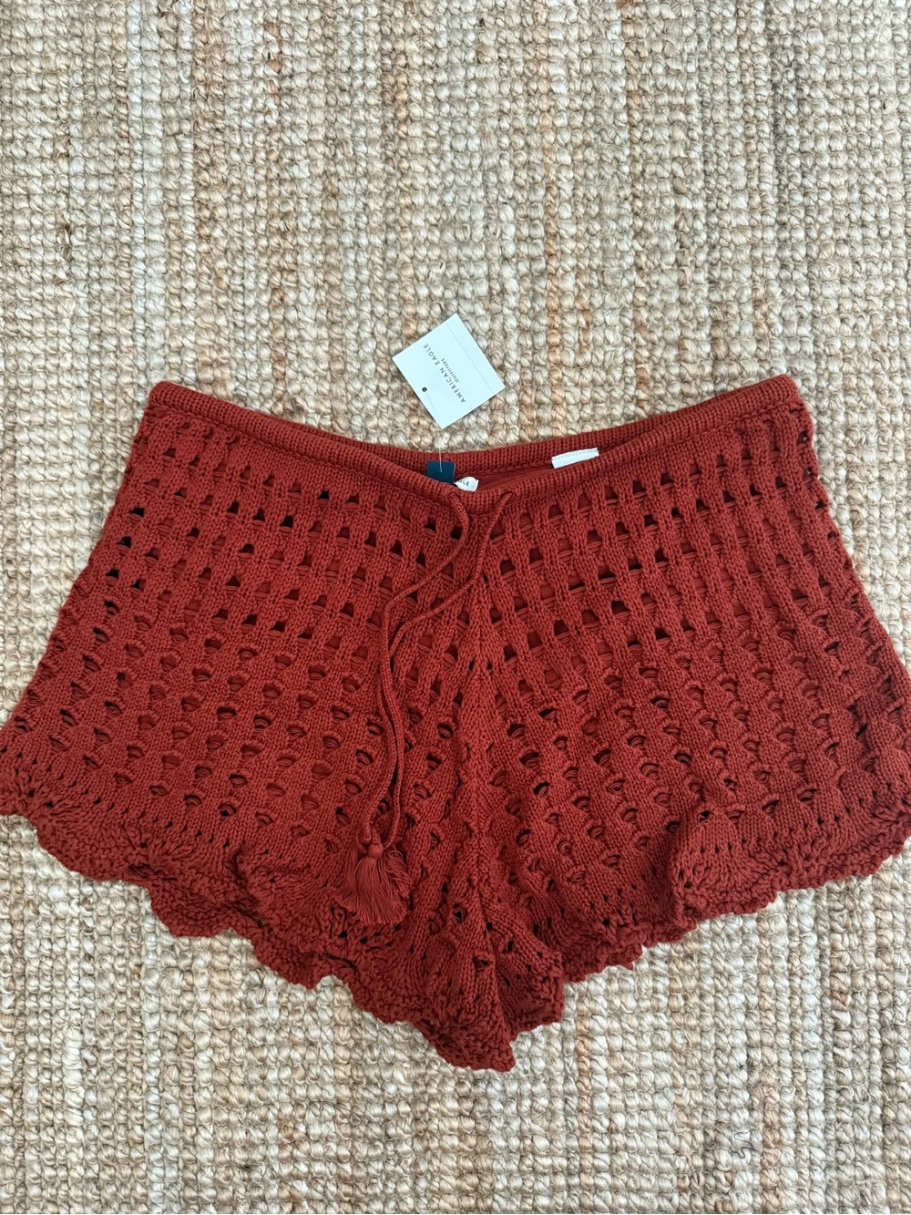 American Eagle Outfitters Crochet Drawstring Shorts in Rust